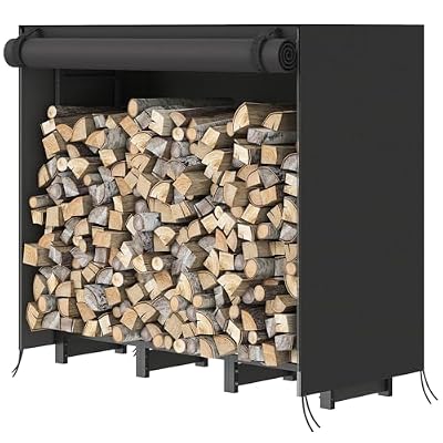 HOOBRO 4FT Firewood Rack with Cover, Outdoor Firewood Log Rack, Adjustable Firewood Rack with Waterproof Cover, Fireplace Wood Storage, Heavy Duty Wood Rack, for Indoor and Outdoor, Black BB01CH02