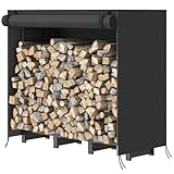 HOOBRO 4FT Firewood Rack with Cover, Outdoor Firewood Log Rack, Adjustable Log Holder with Waterproof Cover, Fireplace Wood Storage, Heavy Duty Wood Holder, for Indoor and Outdoor, Black BB01CH02