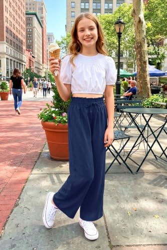 Image of Girls Summer Floral Wide Leg Pants High Waisted Flowy Dress Trousers with Pockets for School Lounge Beach 5-14 Years