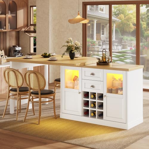 Merax Extendable Sideboard with LED Lights, 120-197cm Adjustable Kitchen Island & Dining Table, Breakfast Bar Table with 2 Drawers, Glass Cabinet Doors & Wine Rack — image 1