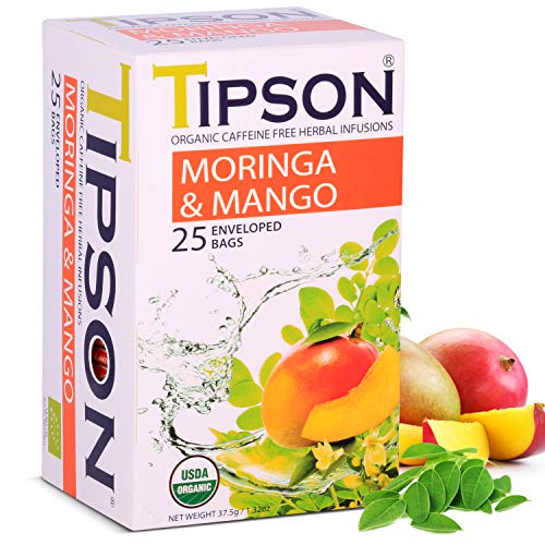Tipson Organic Moringa Caffeine Free Herbal Tea – Mango Flavor – 25 Premium Double Chambered Bags -Superfood Tea – Keto/Paleo Diet Compatible
