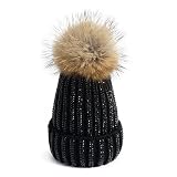 Lawliet Lady Rhinestone Bling Pom Pom Knit Snow Beanie Ski Hat Skull Cap A391 (All Black)