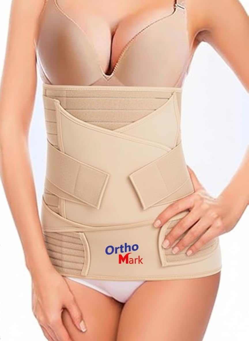 ORTHO MARK 3 in 1 Postpartum Belly Band Post Pregnancy Abdominal Belt for Women After Birth Belly/Waist/Pelvis Wrap Postnatal Shapewear, (XL, Beige)