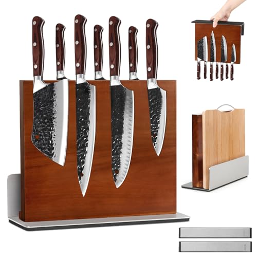 Bloque magnético de madera 2 en 1 para cuchillos con estante para tabla de cortar y afilador, soporte para cuchillos de cocina de madera de acacia, magnético de doble cara, soporte magnético para