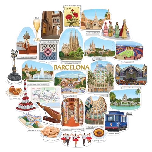 Navy Peony Pegatinas de viaje Querida Barcelona (28 uds) – Estilo gouache, España, calcomanías urbanas para diarios, álbumes & recuerdos