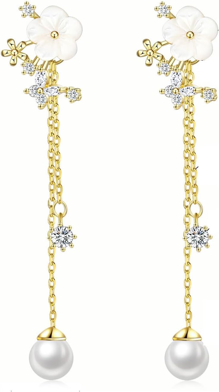 Gold Flower Earrings for Women,Long Pearl Crystal Dangle Earrings Charm White Floral Drop Earring,Aesthetic Everyday Petal Jewelry Accessories Gifts - Image 7