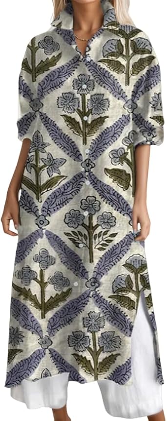 TIAFORD Womens 2025 Fall Geometric Pattern Print Lapel Button Down Maxi Dress Plus Size Long Sleeve Side Slits Shirt Dresses