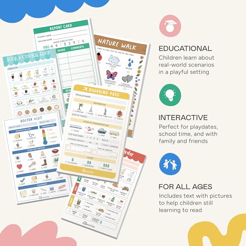 Image of Tiny Expressions Pretend Play Notepads - 6-Pack Kids Play Pads - 40 Pages Each of Restaurant, Doctor, Boarding Pass, Report Card, Nature Walk & Soda Shop for Imaginative Role Play