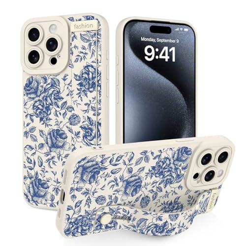 Jefonha Case for iPhone 15 Pro Max Silicone Phone Case with Strap for Women Girls Cute Flowers Floral Design, Adjustable Finger Strap Kickstand Protective Cover, Beige Retro Rose by Jefonha - Used condition - US$14.23