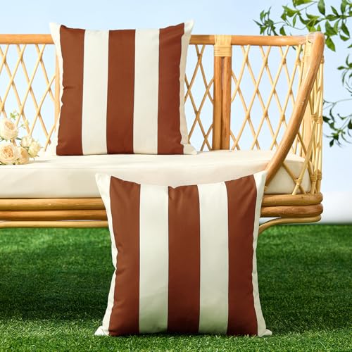 Image of Allorry Outdoor Pillow Covers 20x20 Set of 2 Rust Striped Decoration Throw Pillow Covers for Spring Fall Outdoor Waterproof Garden Patio Furniture Sofa Bed Home Decor JB007-J20