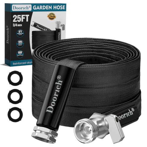 Doorich Garden Hose Lightweight Ultra Flexible Durable Kink-Free Water Hose with Valve - Made of TPU Drinking Water Safe Material Non-Shrinking Easy to Store All-Weather Black (25 FT)