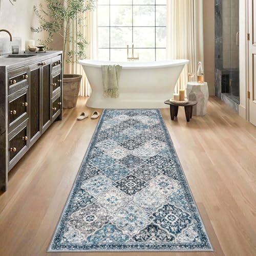 KILOCOCO 2.6x8 Runner Rug, Moroccan Super Soft Washable Hallway Entryway Rug, Accent Print Faux Wool Kitchen Rug 8 Ft Non-Slip Boho Carpet for Laundry Bedroom, Blue/Multi