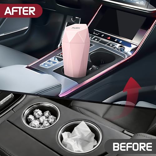 Image of Car Trash Can with Lid, Mini Car Trash Cup with 30 Additional Trash Bags, Car Accessories for Interior, Leakproof Vehicle Garbage Bin for Car, Home, Office - 2 Packs, Pink