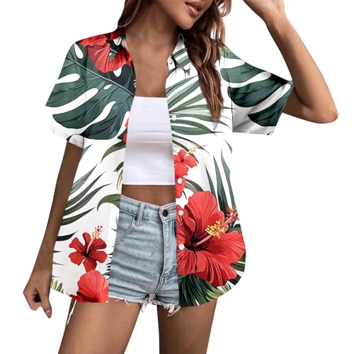 Chemise hawaïenne à manches courtes pour femme, motif palmier, plage, tropicale, caraïbes, décontracté, graphique, boutonnée, tendance, vintage, drôle, croisière, fête, bowling, blanc, XXL