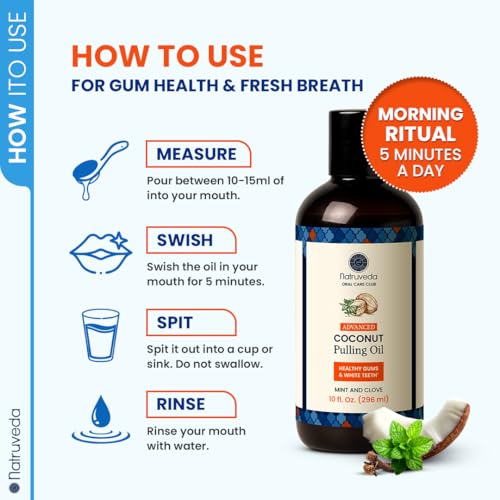 Image of Natruveda Coconut Oil Pulling Mouthwash - Natural Whitening Ayurvedic Rinse | Fresh Mint Blend | Coconut Oil Pulling for Teeth & Gums | Whyte Oil Pulling | Aceite de Coco para Los Dientes -10 oz