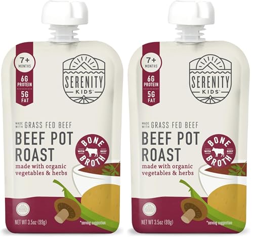 Image of Serenity Kids Bone Broth Puree Made With Organic Veggies | Clean Label Project Purity Award Certified | 3.5 Ounce BPA-Free Pouch | Grass Fed Beef Pot Roast | 1 Count (Pack of 2)