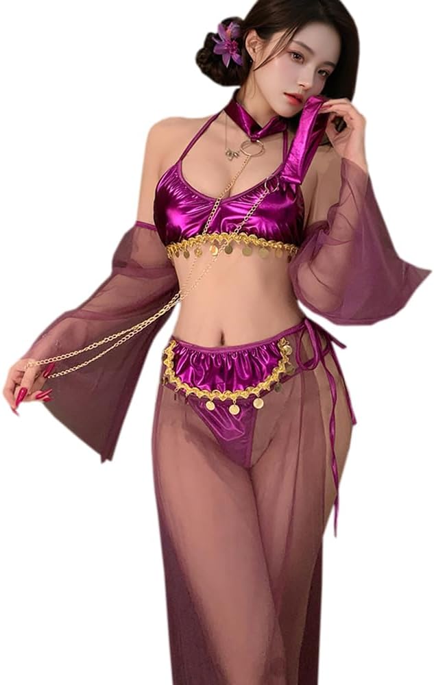 sexy belly dance dress lingerie for Women Outfit Cosplay Costume cheongsam metallic exotic High Split Sequins anime Roleplay Arabian Princess egyptian arm sleeves bra Skirt Top thong set purple