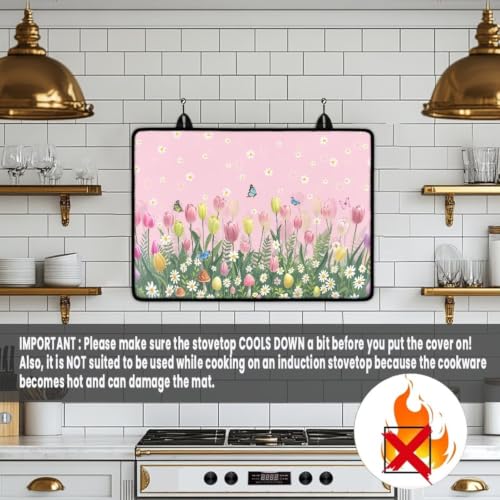 Image of Stove Top Covers for Electric Stove Heat Resistant Glass Ceramic Top Stove Cover Protector Anti-Scratch Induction Cooktop Cover, 29 x 21 Inch, Butterfly Tulip Daisy Mushroom Pink