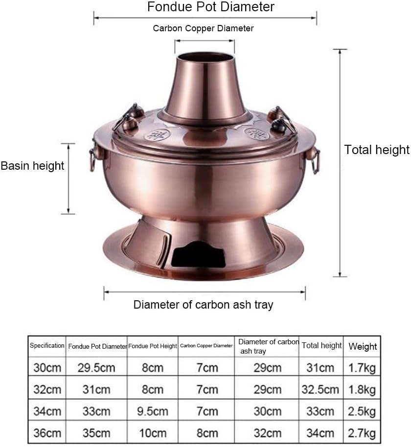 Chinese Hot Pot,Copper Hot Pot, All Copper Thick Charcoal Heated Old Hot Pot, Mongolian Multi-person Hot Pot, 30-36cm Suitable For Family Dinner And Outdoor Picnic(Gold,32cm)