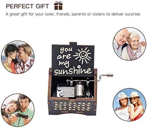 JOTELEMO Wood Music Box Hand Crank Music Boxes You are My Sunshine Manual Wooden Laser Engraved Vintage Music Box Great Gift for Birthday, Christmas, Valentine's Day Home Decoration Crafts(BlackSUN)
