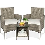 Best Choice Products 3-Piece Outdoor Wicker Conversation Bistro Set, Space Saving Patio Furniture for Garden w/Side Table - Taupe/White Sand