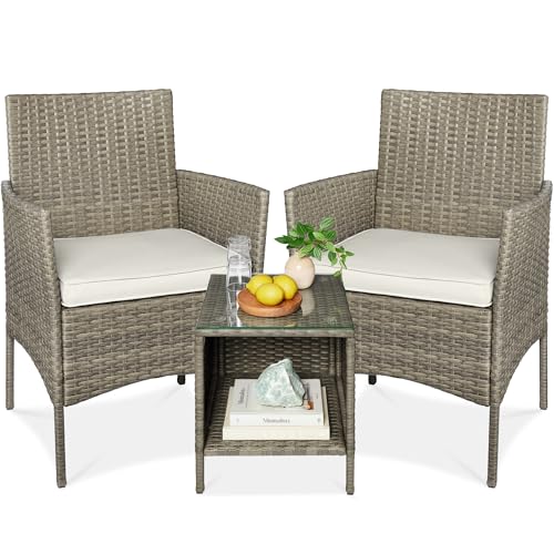 Best Choice Products 3-Piece Outdoor Wicker Conversation Bistro Set, Space Saving Patio Furniture for Garden w/Side Table - Taupe/White Sand