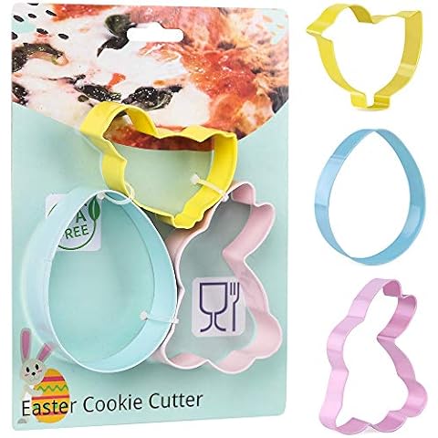 KAISHANE Easter Cookie Cutter Set 3 Pieces Stainless Steel Biscuit Cutter for Baking Bunny,Egg,Chick Colorful Cover