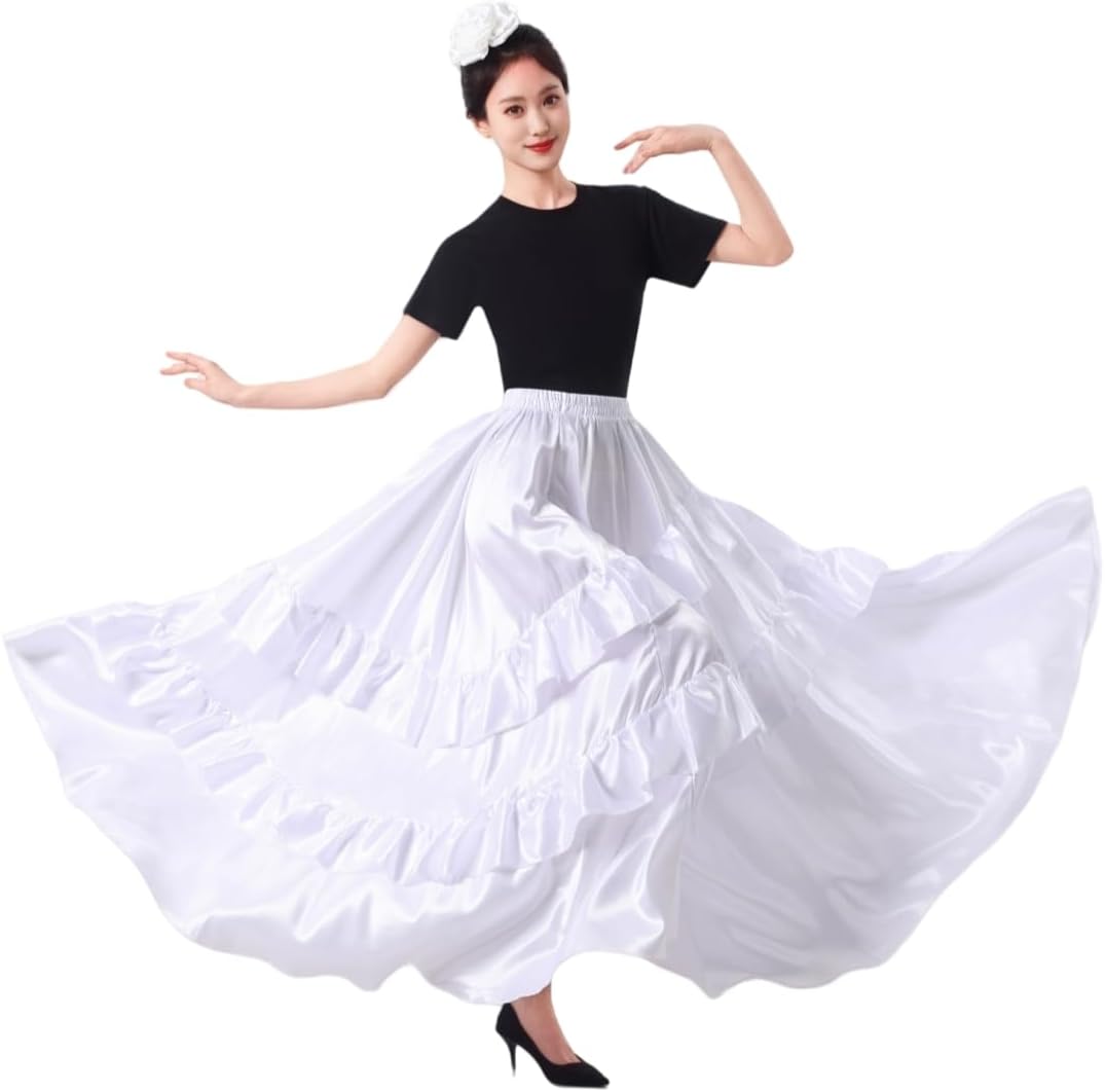 SANCAN Double Ruffle Long Full Maxi Skirt for Women | Folklorico Practice, Mexican Flamenco, Classical Dance, Performance Costume Cosplay