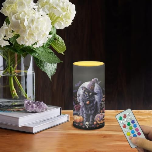 Image of Halloween Witch Cat Flameless Flickering Candles with Remote Timer