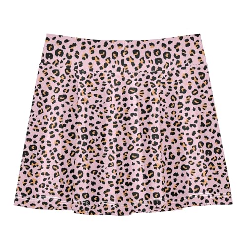 Leopard Printing Pink Athletic Skirts Girls with Built in Shorts Flowy Girl Skort Kids Pleated Skirt with Pockets 4-12Y3