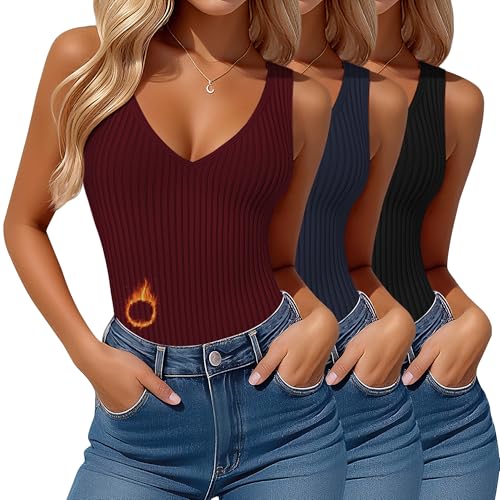 Sweetyweee 3 Pack Women's Thermal Tank Tops, 3-Color, X-Large