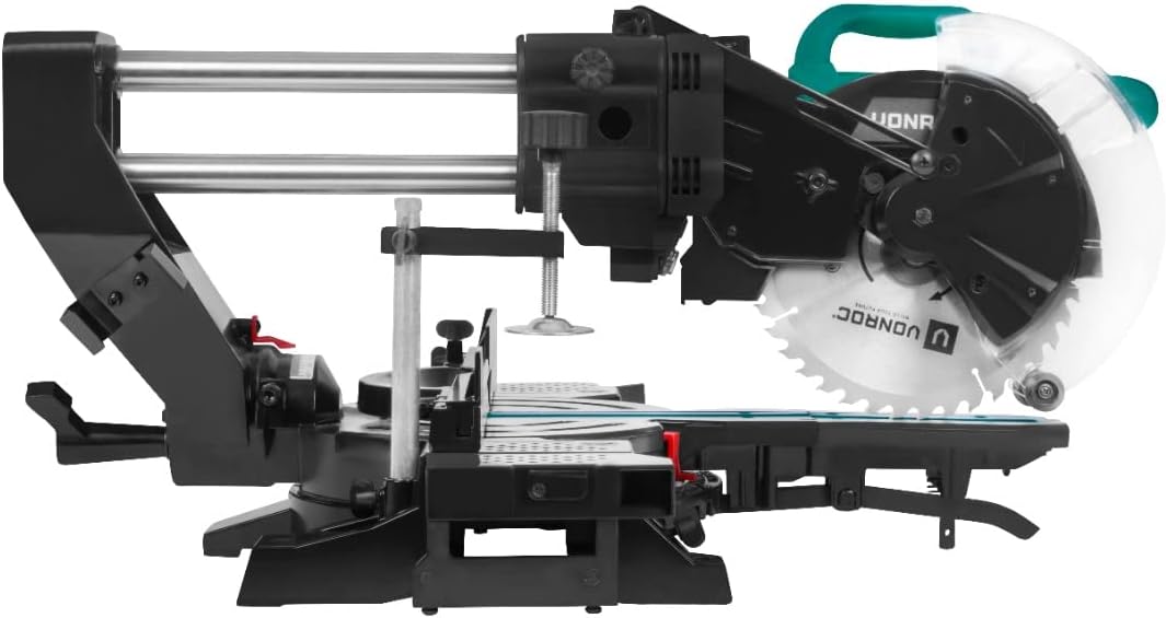 lateral view of the VONROC MS500AC Radial Miter Saw demonstrating its compact sliding mechanism.