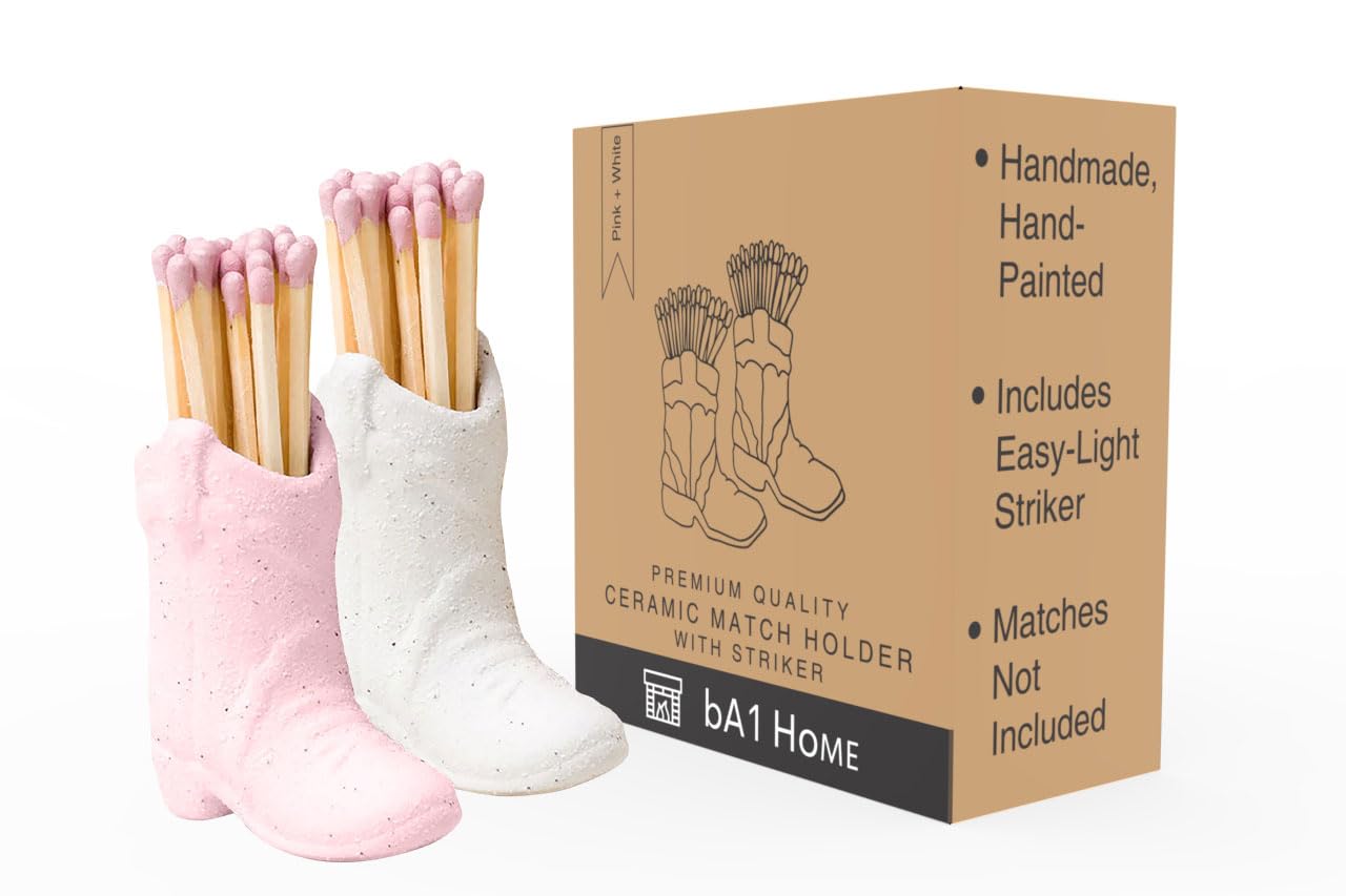 Cowboy Boot Match Holder w/Striker - 2 Pack Pink + White - Handmade Ceramic - Trendy Cowgirl Farmhouse Cute Home Decor