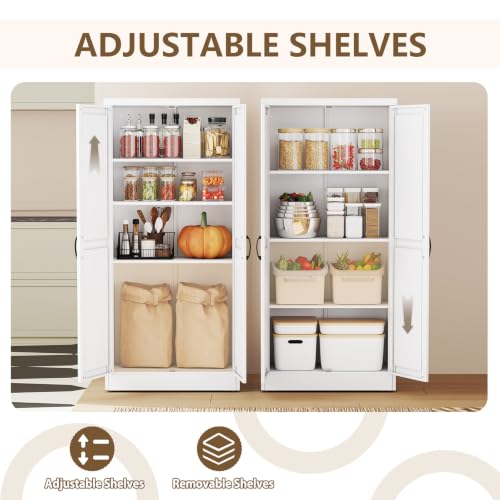 Image of White Metal Storage Cabinet, 67 inch Kitchen Pantry Cabinets for Office | Steel Kitchen Pantry Storage with Doors and 3 Adjustable Shelves, Metal Tool Cabinet, for Office, Home, Garage, School