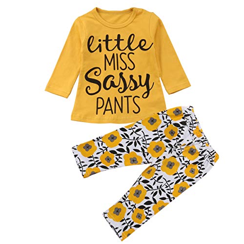 Toddler Baby Girl Yellow Sunflower Clothes Short Sleeve Miss Sassy Top Shirts + Floral Legging Pants Outfit Set