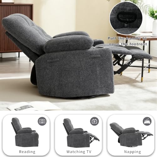 Image of Swivel Rocker Recliner Chair, Recliner Single Sofa with Massage, Manual Nursery Rocking Chair with Side Pockets & Cup Holder, Modern Recliner with Heating for Living Room, Apartment(Dark Gray)