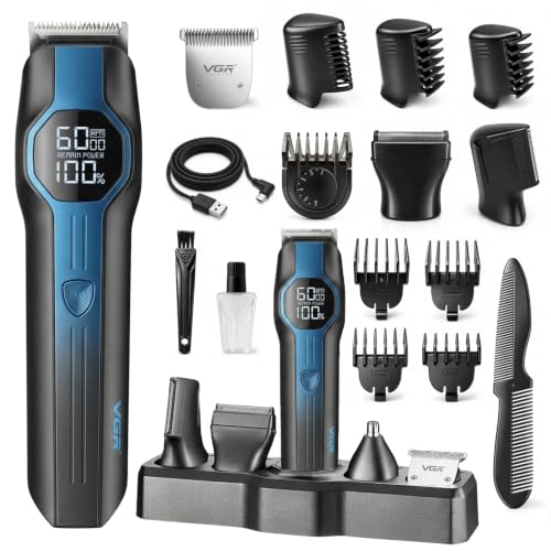 Image of VGR V-173 Professional Multi Grooming Kit for Men, 6-in-1 Trimmer with Shaver, Nose, Ear & Body Groomer, IPX7 Waterproof, Zoom Wheel Comb, LED Display, 210 Min Runtime, 2-Year Warranty- Blue