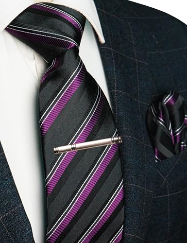 Image of RBOCOTT Silk Stripe Plaid Tie and Pocket Square with Tie Clip Sets for Men