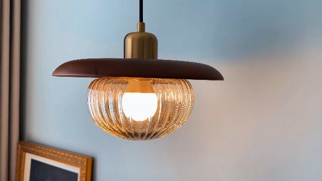 Image of Mid Century Pendant Light Walnut Brass Ribbed Glass (Floret)