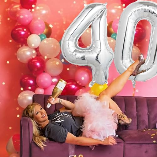Image of Number Balloons Silver Party Balloon - Giant Number 40 Balloon, 40 Inch Large Balloon for 40th Birthday Decorations, Silver Party Supplies for Anniversary