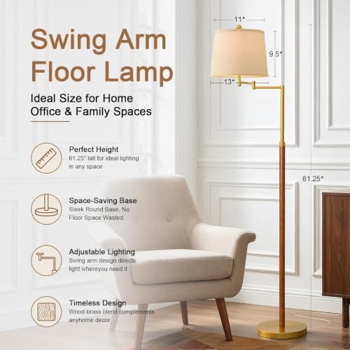 Image of G-SAFAVA Real Wood Floor Lamps for Living Room Bedroom, 61 inch Floor Lamp with 350 Adjustable Swing Arm Vintage Lamps for Living Room