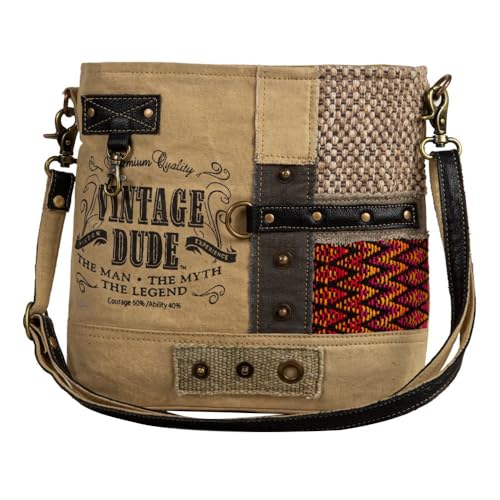 Myra Bag Vintage Purse - Sundown River Crossbody Bag for Women, Woven Patchwork Canvas, Tribal Upcycled Woven, Leather Accents, Print Design