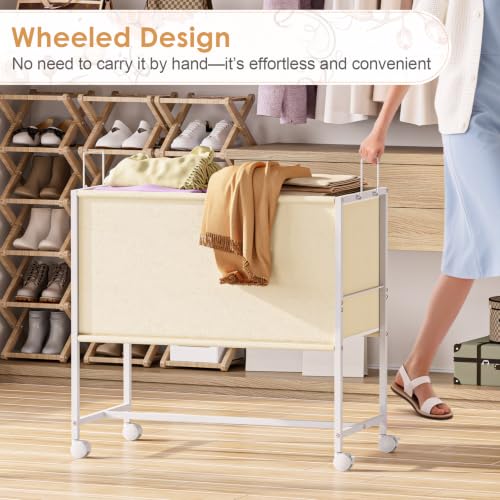 Image of Rolling Laundry Basket with Wheels,Large Capacity Laundry Basket Cart | 130L Fabric Clothes Hamper Organizer Cart for Laundry Room Bedroom Bathroom Dorm,White