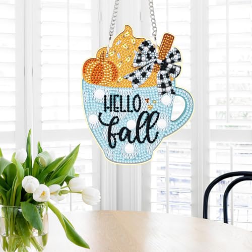 Image of AiYuanzsh Hello Fall Diamond Painting Hanging Kit, 5D DIY Cup Shaped Ornament, Crystal Rhinestone Diamond Art Pendant for Window, Door or Wall Decoration, Thanksgiving Autumn Home Decor Craft Gift