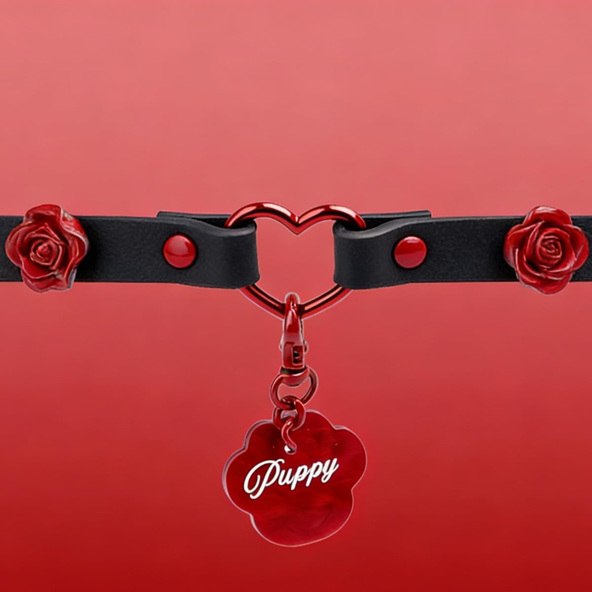 Adult Puppy Collar Choker，PU Leather Roleplay Necklace with Heart Ring & Puppy Charm, Gothic Accessory Women & Men