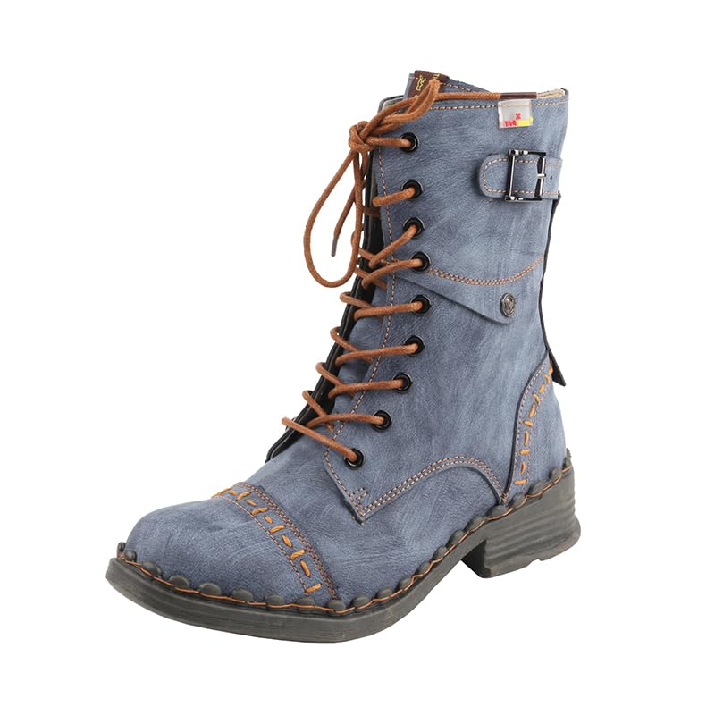 TMA EYES Women's Clasical Lace-Up Zipper Breathable Lining Flat with Hand-stitched Mid-calf Boots