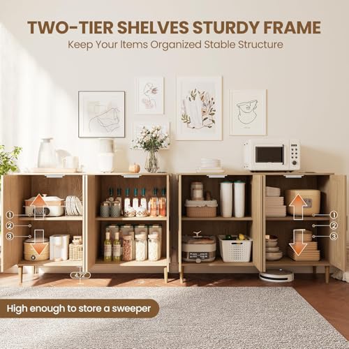 Rattan Buffet Cabinet with Storage,Sideboard Cabinet with 4 Doors and Adjustable Shelves, Console Coffee Bar with Charging Station, Boho Wood Cupboard for Kitchen, Livingroom and Dining Room,Entryway