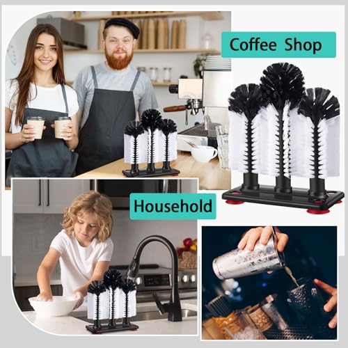 Image of Havawish 4 Pack Water Bottle Cleaning Brush with Suction Base, 3 Head Bristle Bar Glass Washer for Sink, Washer Brush Cleaner for Bar Beer Cup, Wine Glass, Long Leg Cup Kitchen Tools
