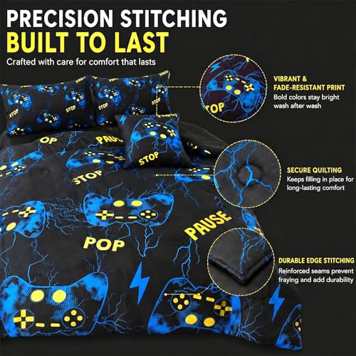 Image of ZRNBAST Twin Size Bedding Set for Boys Blue Gaming Comforter Set 6 Pieces Bed in A Bag Lightning Gamer Bed Set with Sheets Microfiber Game Console Bedroom Decor(Blue,Twin)