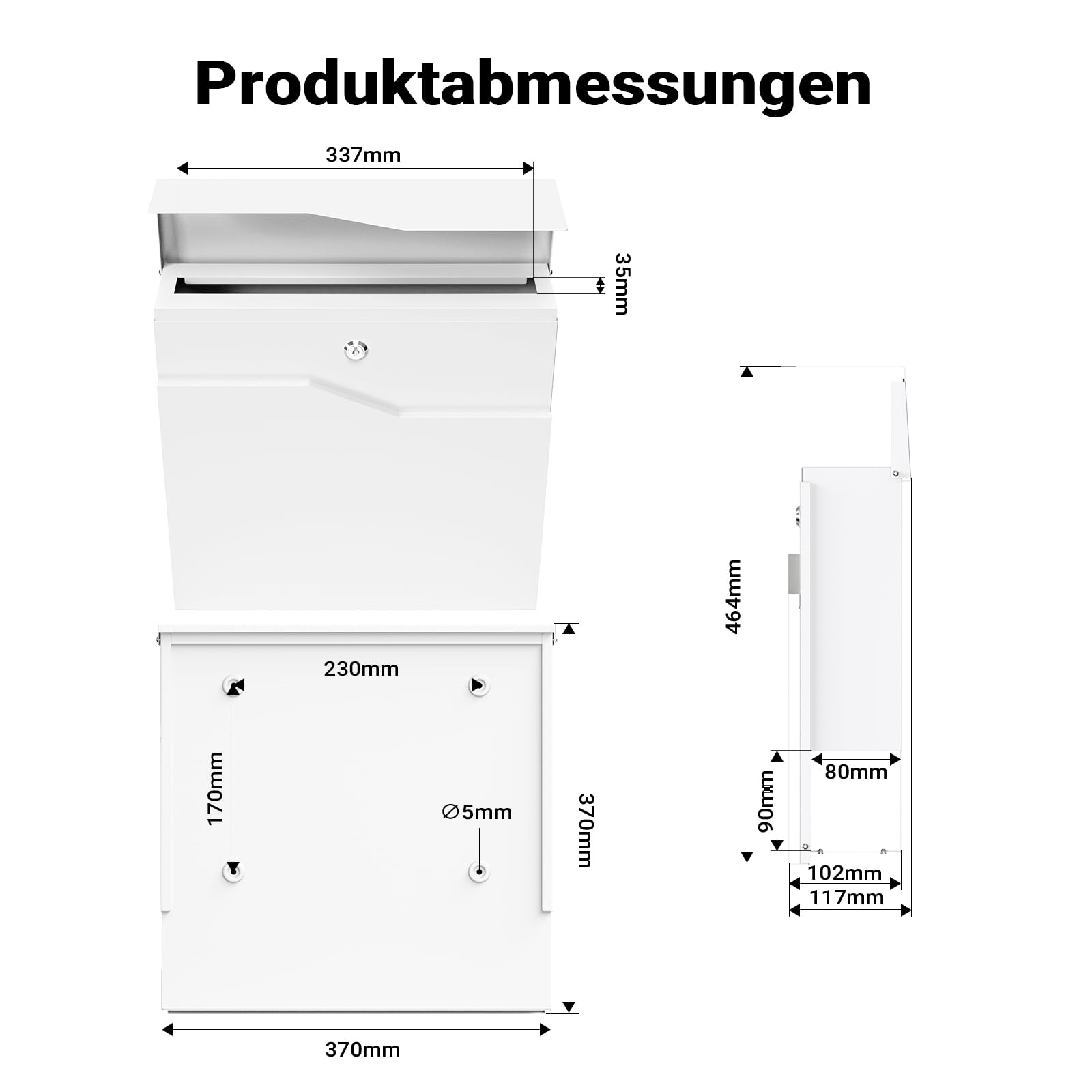 Wiltec Designer Briefkasten V19 weiß 370 x 102 x 370 mm, Wandbriefkasten mit Schloss und Zeitungsrolle, Postkasten aus pulverbeschichtetem Stahl
